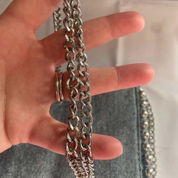 Zara Denim Jean Silver Studded Crossbody Bag Chain Purse Handbag - Picture 1 of 15
